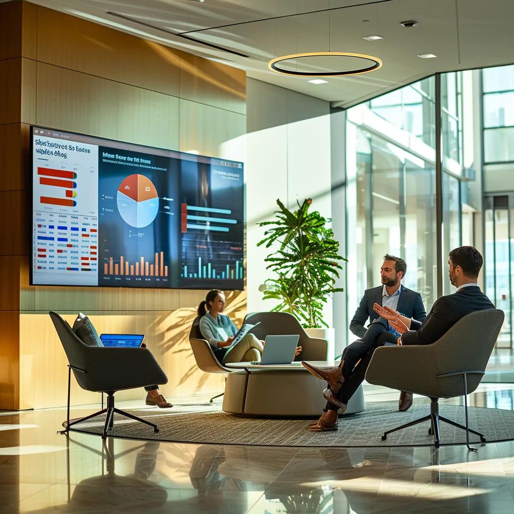 a sleek and modern office environment features a confident individual discussing personal finance options, with a large digital display behind them showcasing variable rate personal loan statistics and benefits in bold, eye-catching graphics.